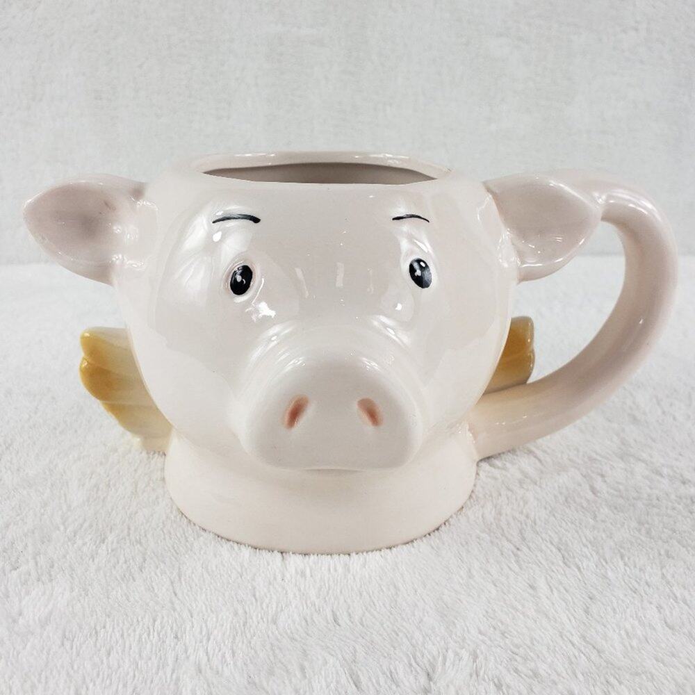 Pier 1 Mug When Pigs Fly Hand Painted Ceramic Coffee Tea 3D Cup with Wings